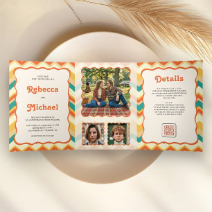 Invitation Trois Volets Mariage Code QR Photo Chevron Coloré Rétro 70's