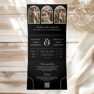 Invitation Trois Volets Mariage code QR photo d'archive minimaliste noir e