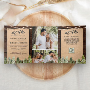 Invitation Trois Volets Mariage Code QR Photo de la Forêt de Montagne Kraf