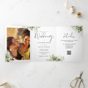 Invitation Trois Volets Mariage Code QR Photo Floral Greenery 2