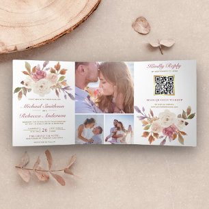 Invitation Trois Volets Mariage Code QR Photo Floral Ivoire Rose Poussiére