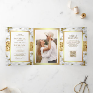 Invitation Trois Volets Mariage Code QR Photo Marbre Or Blanc