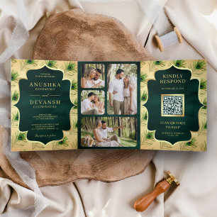 Invitation Trois Volets Mariage Code QR Plumes de Paon Vert Vintage