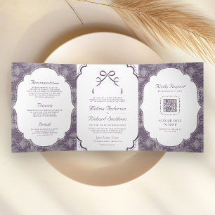 Invitation Trois Volets Mariage Code QR Ruban Coquette Dentelle Blanche Vi