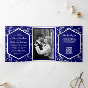 Invitation Trois Volets Mariage Code QR Tourbillon Argent Bleu Royal