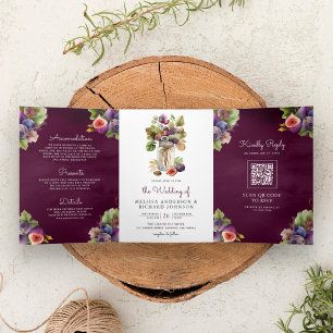 Invitation Trois Volets Mariage code QR tout-en-un Figue Violet Rustique
