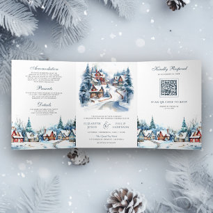 Invitation Trois Volets Mariage Code QR Village d'Hiver de Noël Festif