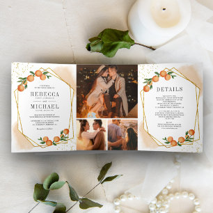 Invitation Trois Volets Mariage Collage de Photos Citrus Orange Cadre Doré