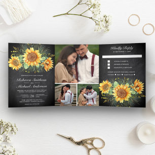 Invitation Trois Volets Mariage Collage de Photos de Tournesols Rustiques