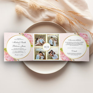 Invitation Trois Volets Mariage Collage Floral Hydrangea Rose Moderne