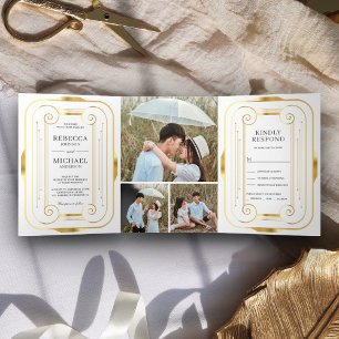 Invitation Trois Volets Mariage Collage Photo Art Déco Feuille Dorée et Bl