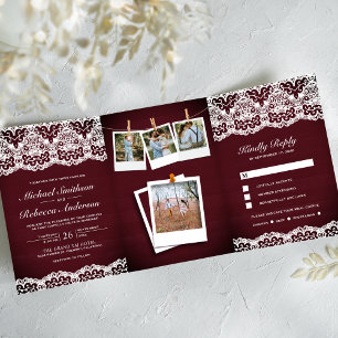Invitation Trois Volets Mariage Collage Photo avec Dentelle de Bois de Bou