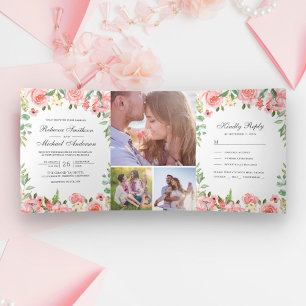 Invitation Trois Volets Mariage Collage Photo de Jardin Floral Rose Tendre