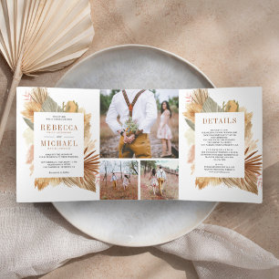 Invitation Trois Volets Mariage Collage Photo de Palmiers Séchés de Pampas