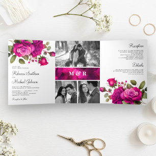Invitation Trois Volets Mariage Collage Photo de Roses Rose Chaude Fuchsia