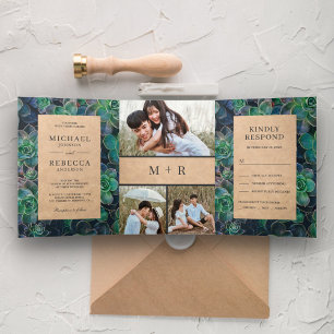 Invitation Trois Volets Mariage Collage Photo de Succulents Kraft Rustique