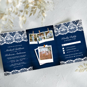 Invitation Trois Volets Mariage Collage Photo en Bois Bleu Marine Country