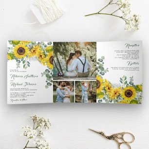 Invitation Trois Volets Mariage Collage Photo Eucalyptus Tournesols Rustiq