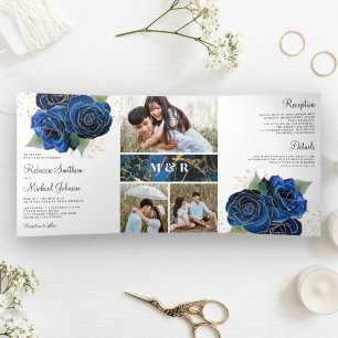 Invitation Trois Volets Mariage Collage Photo Floral Bleu Royal Or