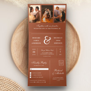 Invitation Trois Volets Mariage Collage Photo Minimal Terracotta 3 en 1