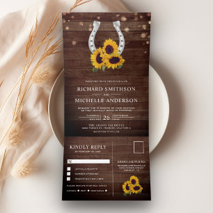 Invitation Trois Volets Mariage Country Rustique Bois Tournesol Fer à Chev