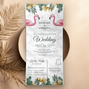 Invitation Trois Volets Mariage Couple de Flamants Roses en Marbre Blanc d