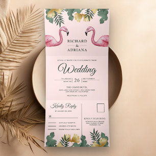 Invitation Trois Volets Mariage Couple de Flamants Roses Tropical Palm Blu