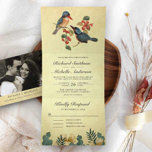 Invitation Trois Volets Mariage Couple Oiseaux Romantique Rustique Vintage