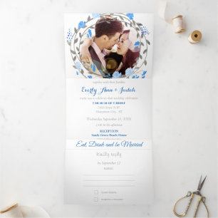 Invitation Trois Volets Mariage Couronne Fleurie Bleu Gris Tout en Un
