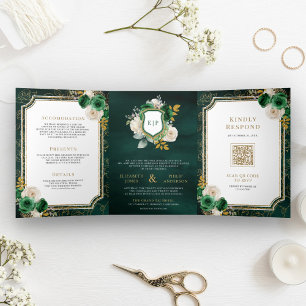 Invitation Trois Volets Mariage Crête Florale Or Vert Émeraude Tout en Un