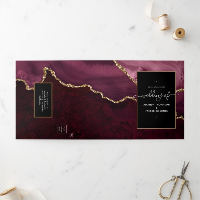Invitation Trois Volets Mariage d'âge de Bourgogne et d'or (Extérieur)