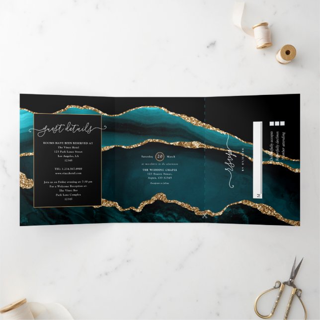Invitation Trois Volets Mariage d'âge turquoise et Gold (Intérieur)