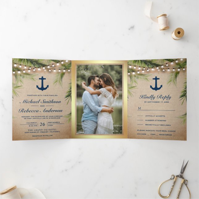 Invitation Trois Volets Mariage d'Ancre de palme tropicale de Burlap (Intérieur)