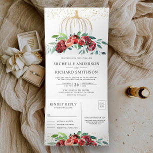 Invitation Trois Volets Mariage d'automne à la citrouille florale de Bourg