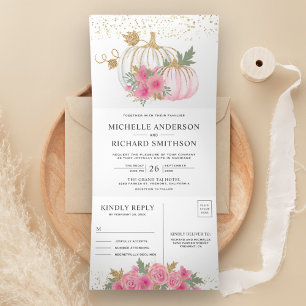 Invitation Trois Volets Mariage d'automne à la citrouille florale rose rus