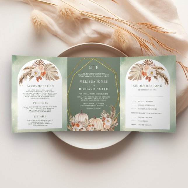 Invitation Trois Volets Mariage d'automne vert sauge floral citrouille pam (Créateur téléchargé)
