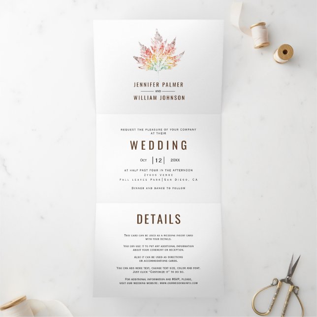 Invitation Trois Volets Mariage de automne brun imprimé feuille coloré (Intérieur)