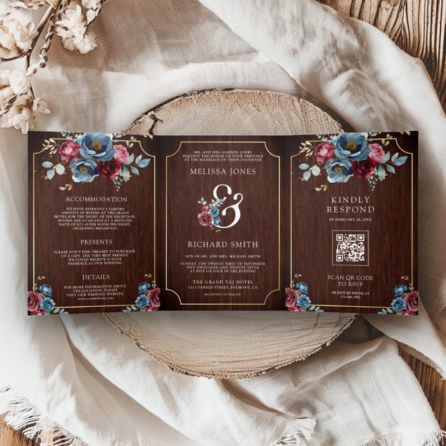 Invitation Trois Volets Mariage de bois de l'esperie florale bleu Bourgogn (Créateur téléchargé)