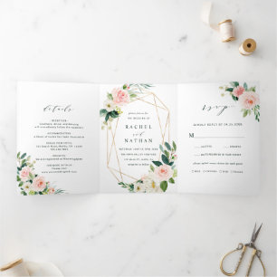 Invitation Trois Volets Mariage de cadre géométrique Blush White Bloom Gol