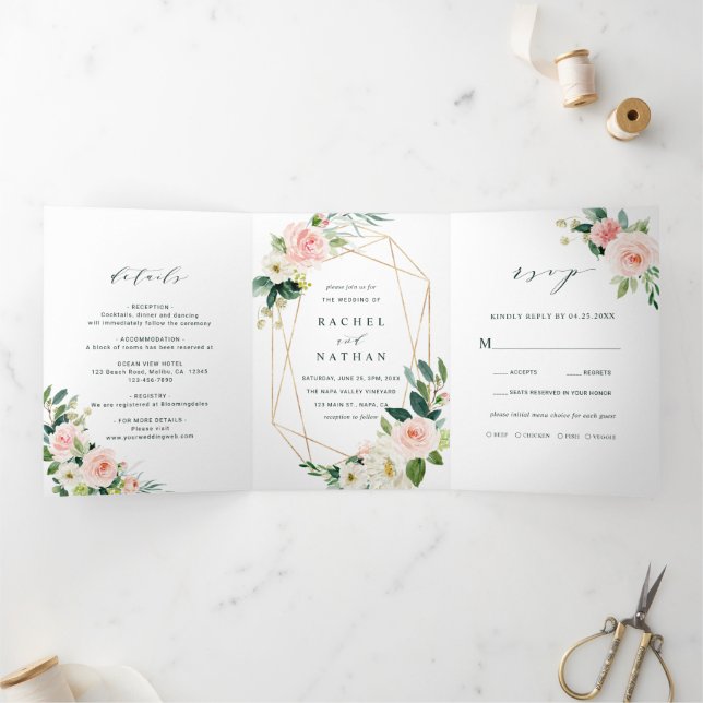 Invitation Trois Volets Mariage de cadre géométrique Blush White Bloom Gol (Intérieur)