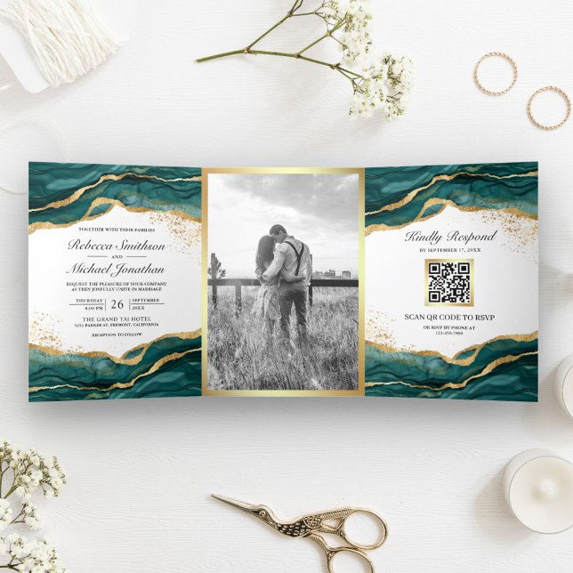Invitation Trois Volets Mariage de code QR Abstrait turquoise Gold (Créateur téléchargé)