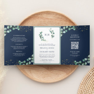 Invitation Trois Volets Mariage de code QR bleu de la Marine Eucalyptus or