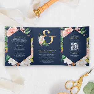 Invitation Trois Volets Mariage de code QR de la marine d'esperie florale 