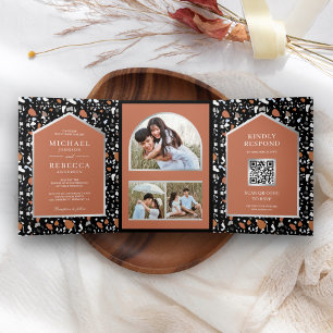 Invitation Trois Volets Mariage de code QR de tuile Terrazzo noire