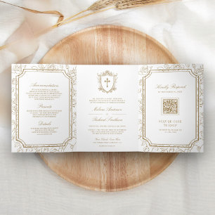 Invitation Trois Volets Mariage de code QR de Victoria blanc et d'or catho