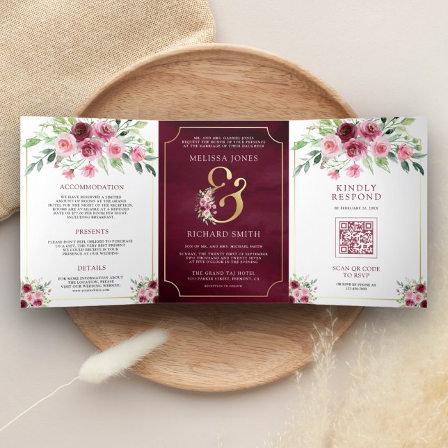 Invitation Trois Volets Mariage de code QR du marsala rose (Créateur téléchargé)