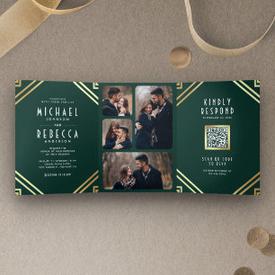 Invitation Trois Volets Mariage de code QR Emerald Gold Art Déco géométriq