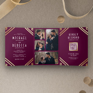 Invitation Trois Volets Mariage de code QR en or Plum Art Déco géométrique