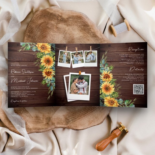Invitation Trois Volets Mariage de code QR Eucalyptus en bois rustique (Créateur téléchargé)