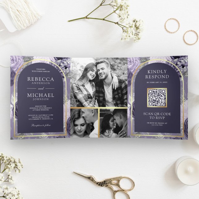 Invitation Trois Volets Mariage de code QR Heather Purple Floral Arch (Créateur téléchargé)